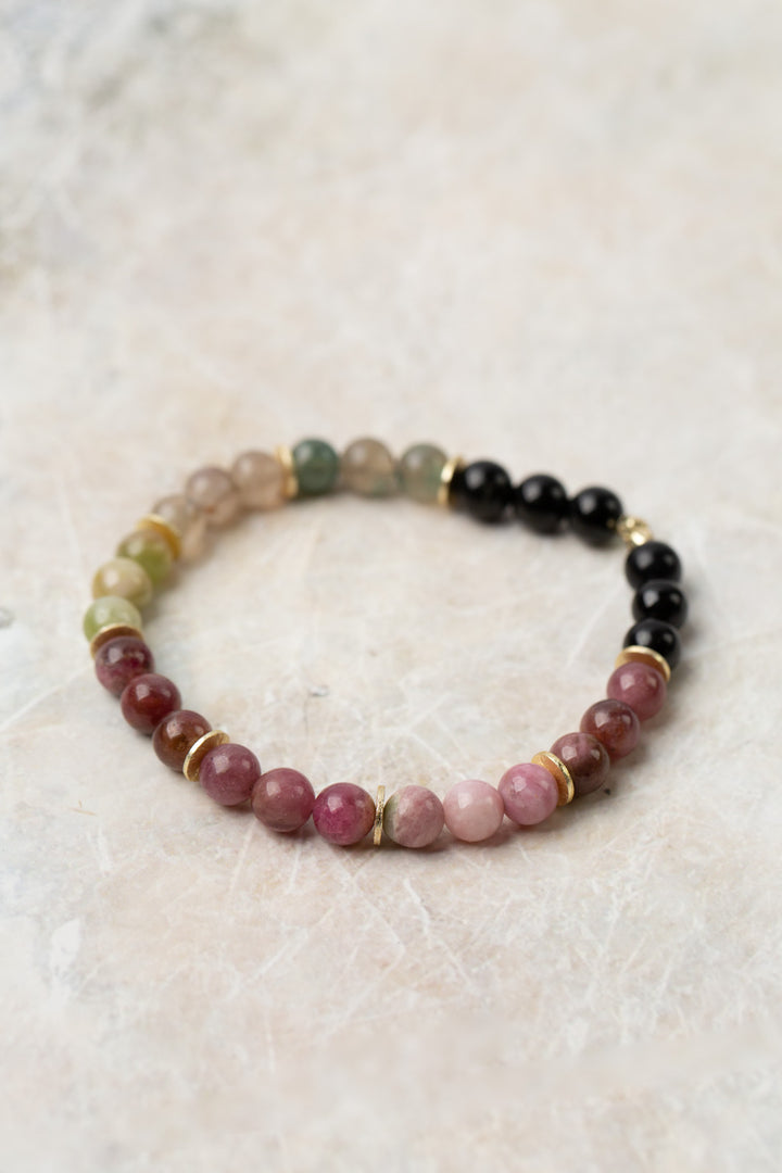 True Colors 7-8.5 Stretch Colorful Tourmaline With Brushed Gold Plated Brass Accents Simple Bracelet