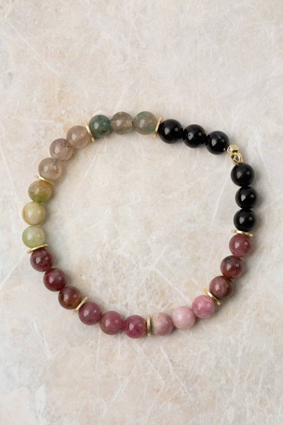 True Colors 7-8.5 Stretch Colorful Tourmaline With Brushed Gold Plated Brass Accents Simple Bracelet
