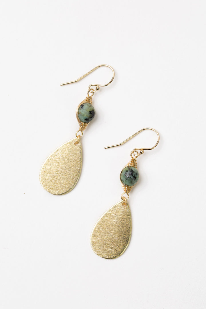Tranquil Gardens African Turquoise With Gold Plated Brass Herringbone Earrings