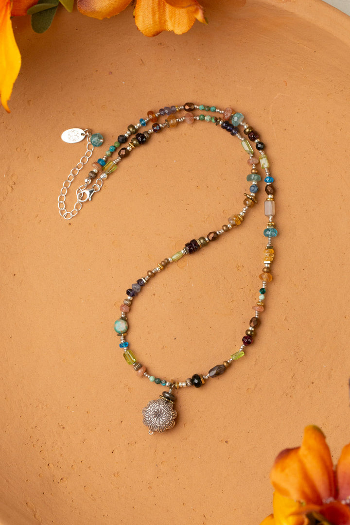 Thrive 17-19" Labradorite Czech Glass, Sunstone Moonstone, Chyrsocolla With Detailed Hill Tribe Silver Puffed Spiral Flower Simple Necklace