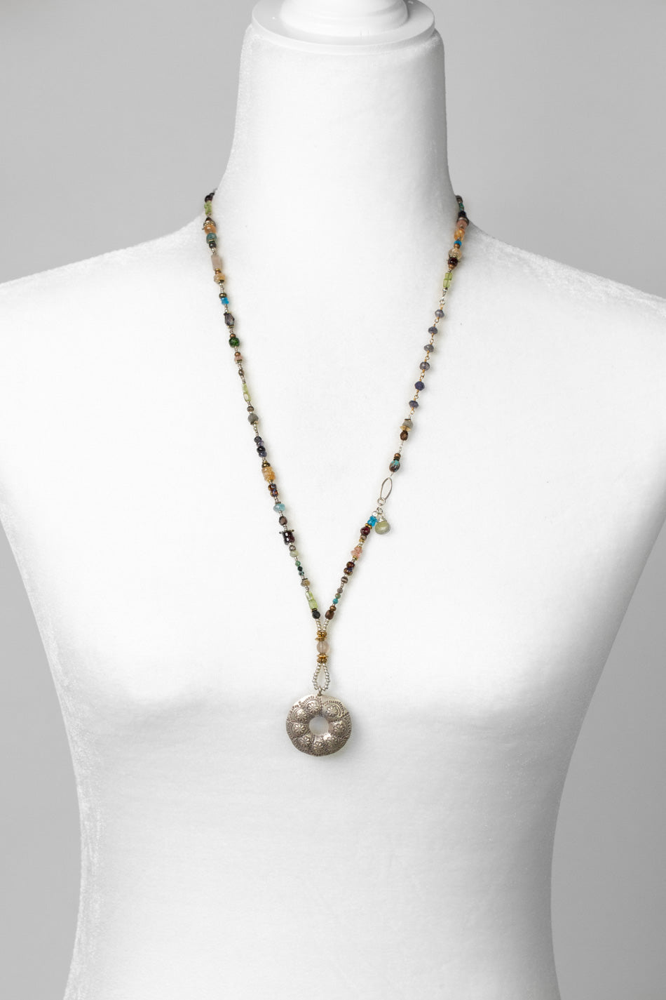 Thrive 25.5-27.5" Citrine Iolite, Blue Apatite, Peridot, Labradorite With Handmade Hill Tribe Fine Silver Floral Mandala Circle Pendant Statement Necklace