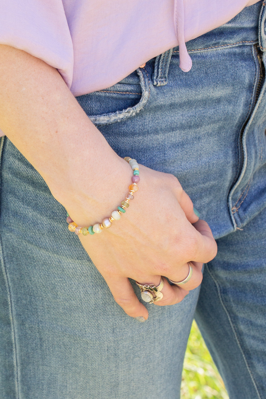 Treasure 7.5-8.5" Turquoise, Honey Opal, Citrine with Pearl Collage Bracelet