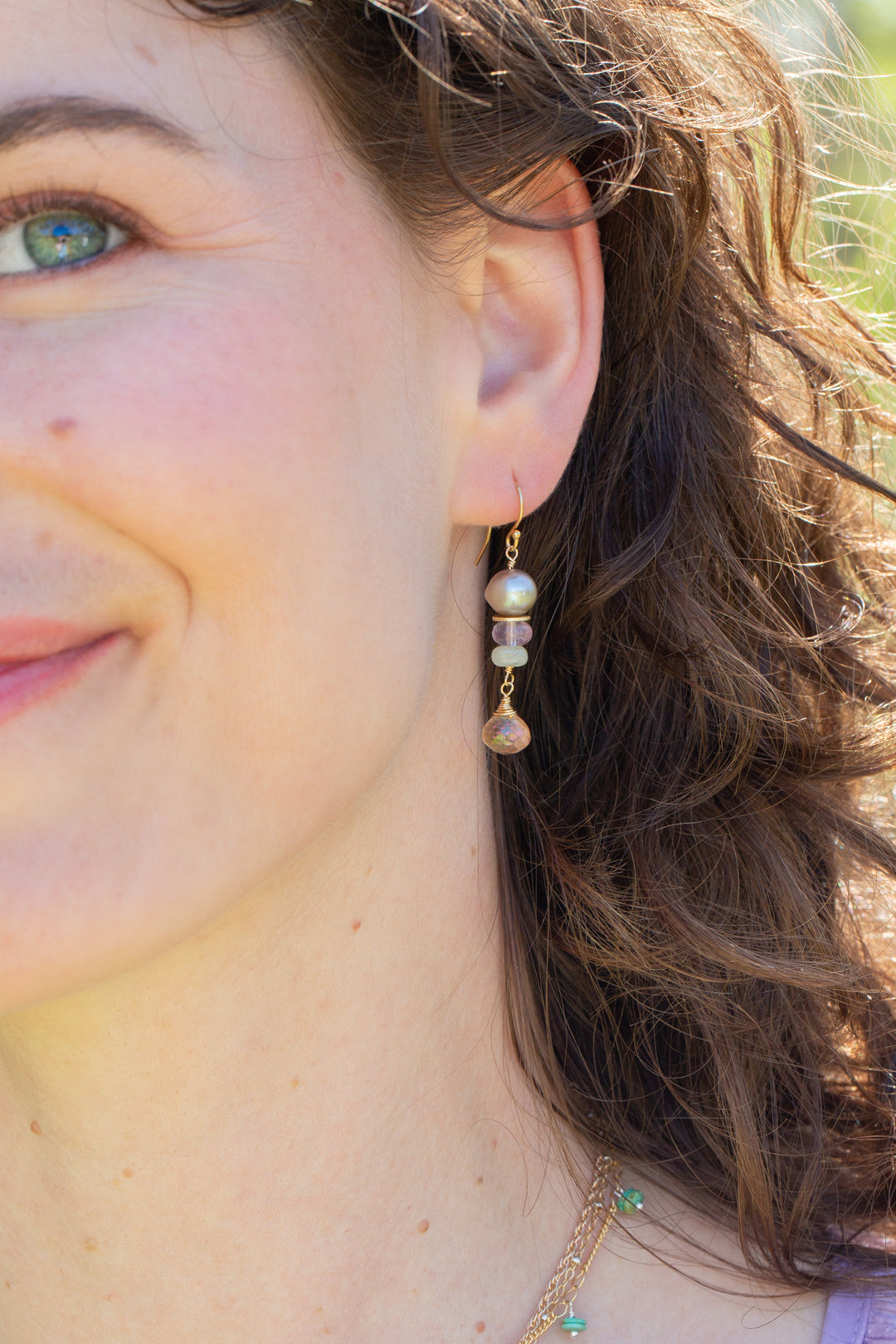 Treasure Citrine, Freshwater Pearl, Amethyst Dangle Earrings