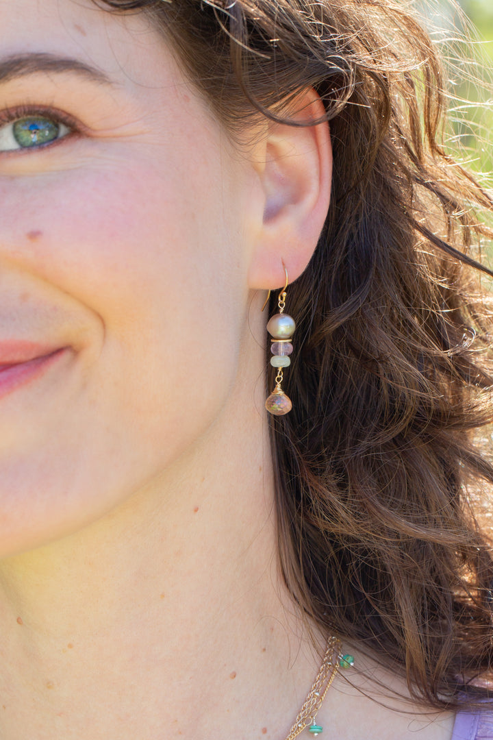 Treasure Citrine, Freshwater Pearl, Amethyst Dangle Earrings