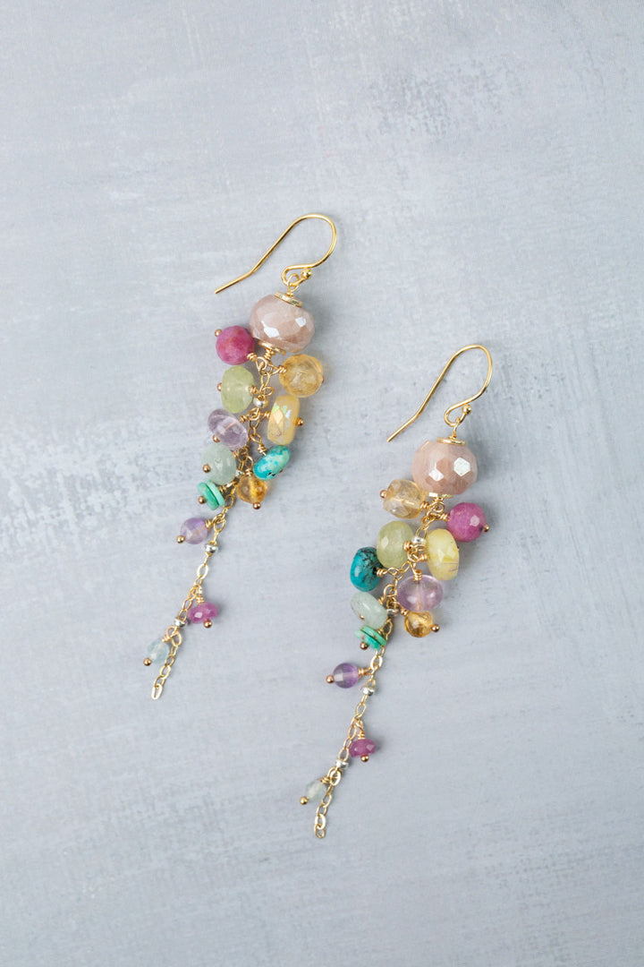 Treasure Ruby, Amethyst, Turquoise with Peach Moonstone Cluster Earrings