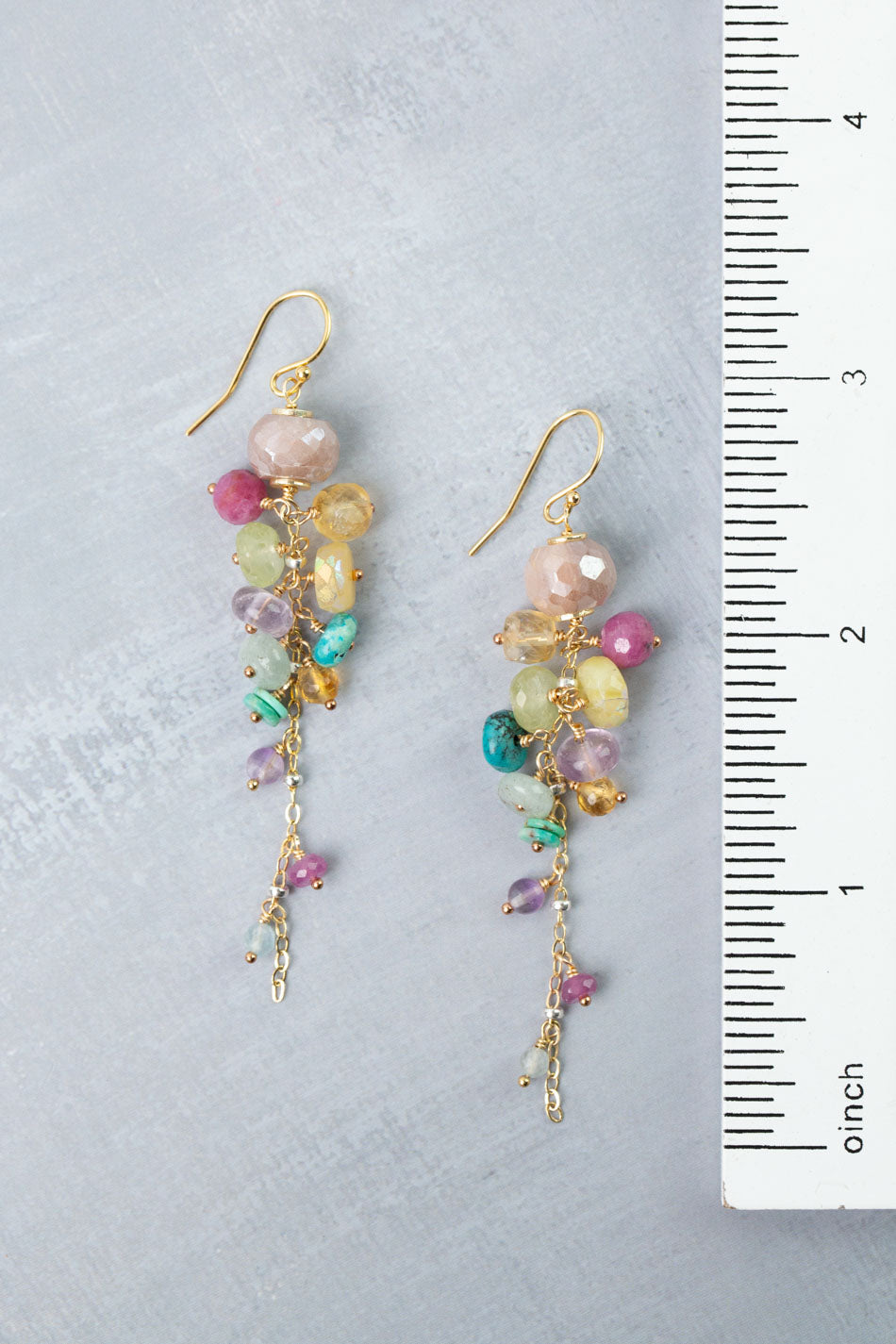 Treasure Ruby, Amethyst, Turquoise with Peach Moonstone Cluster Earrings