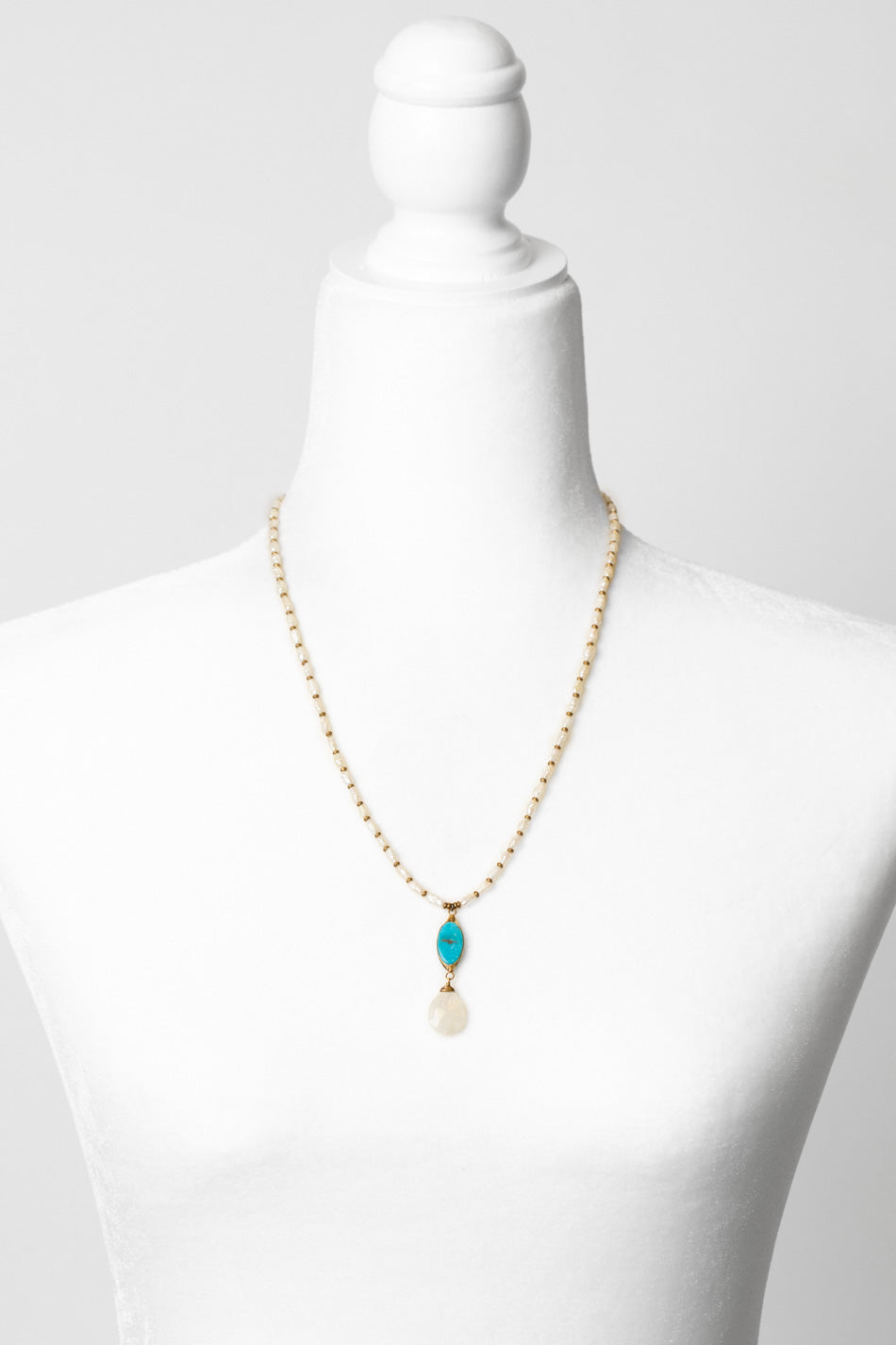 Transcend 20.5-22.5" Turquoise Herringbone, Moonstone Briolette, Freshwater Pearl Simple Necklace