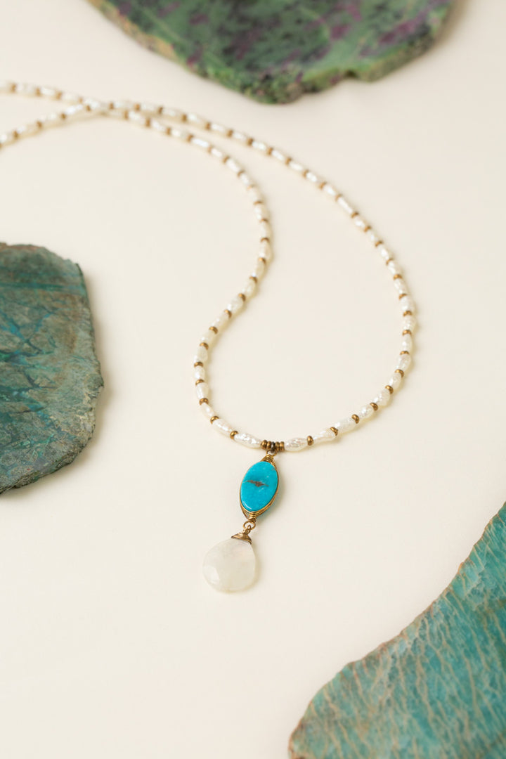 Transcend 20.5-22.5" Turquoise Herringbone, Moonstone Briolette, Freshwater Pearl Simple Necklace