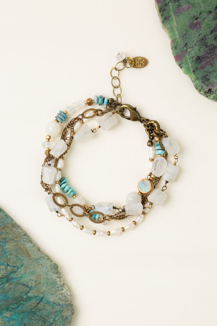 Transcend 7.5-8.5" White Moonstone, Turquoise, Pearl Multistrand Bracelet