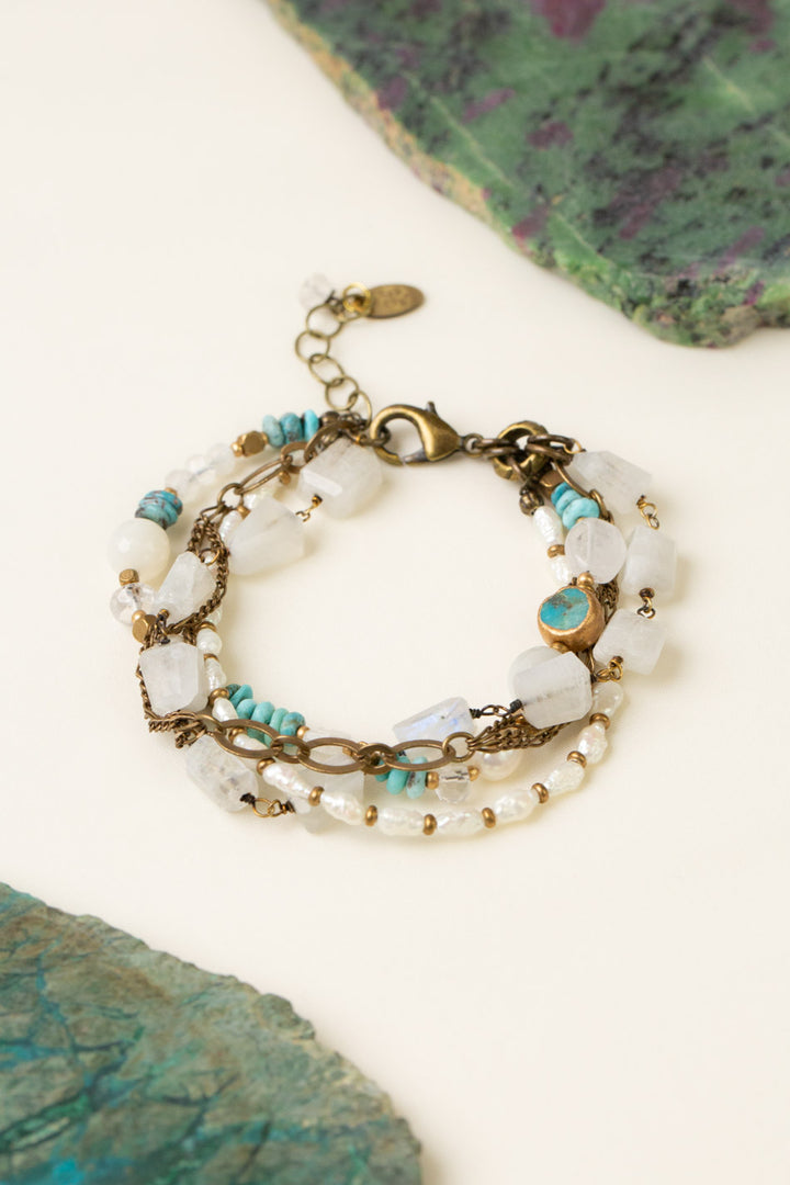 Transcend 7.5-8.5" White Moonstone, Turquoise, Pearl Multistrand Bracelet