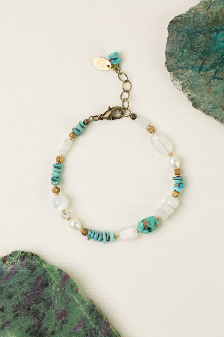 Transcend 7.5-8.5" Turquoise, Pearl, White Moonstone Simple Bracelet