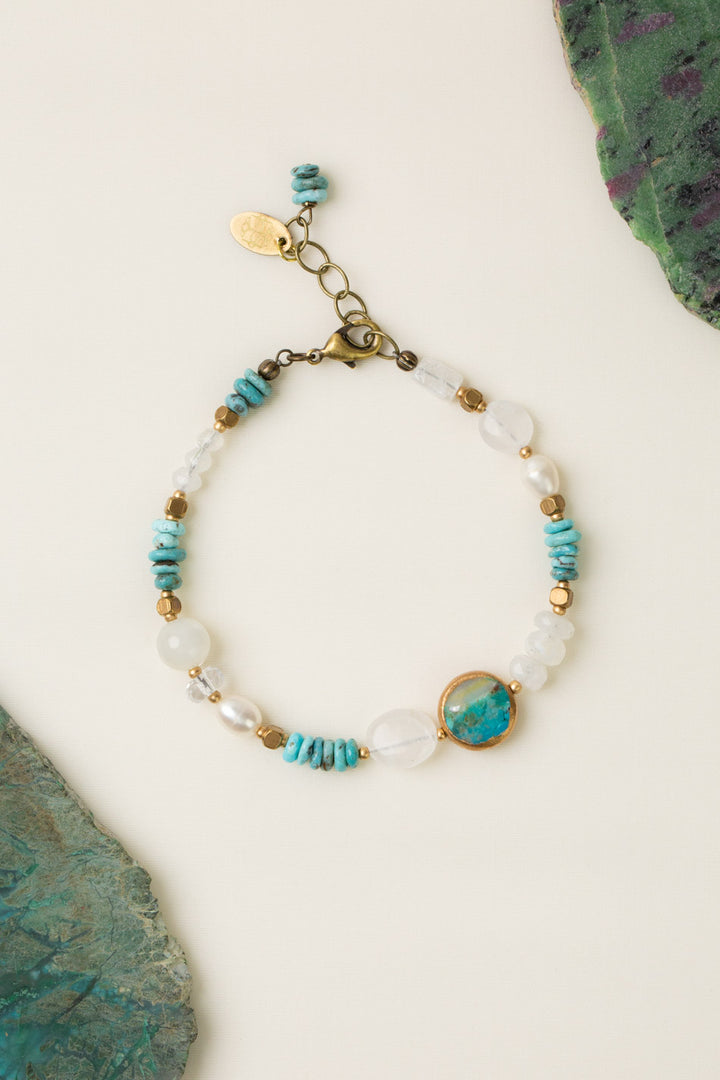 Transcend 7.5-8.5" Turquoise, Pearl, White Moonstone Simple Bracelet