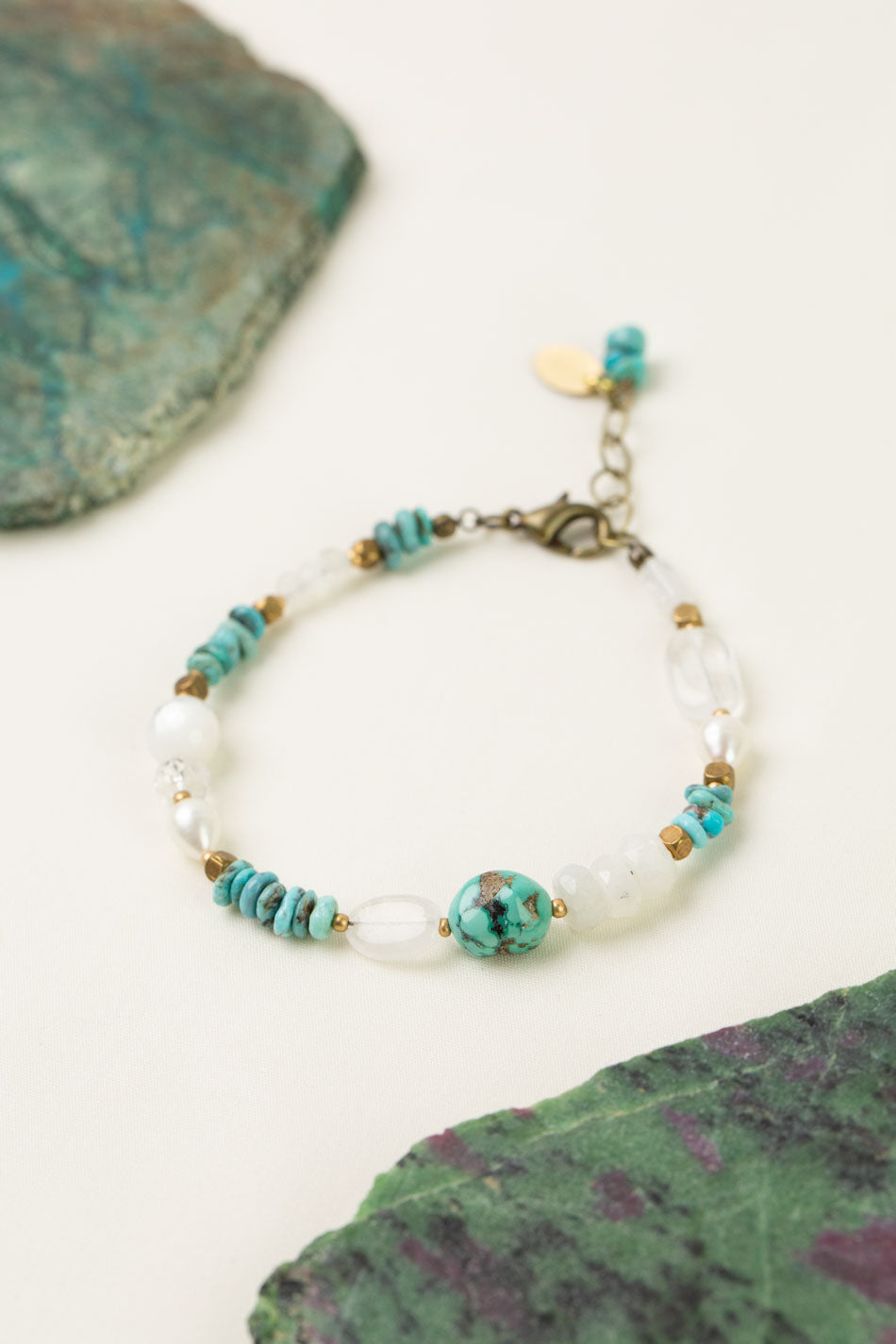 Transcend 7.5-8.5" Turquoise, Pearl, White Moonstone Simple Bracelet