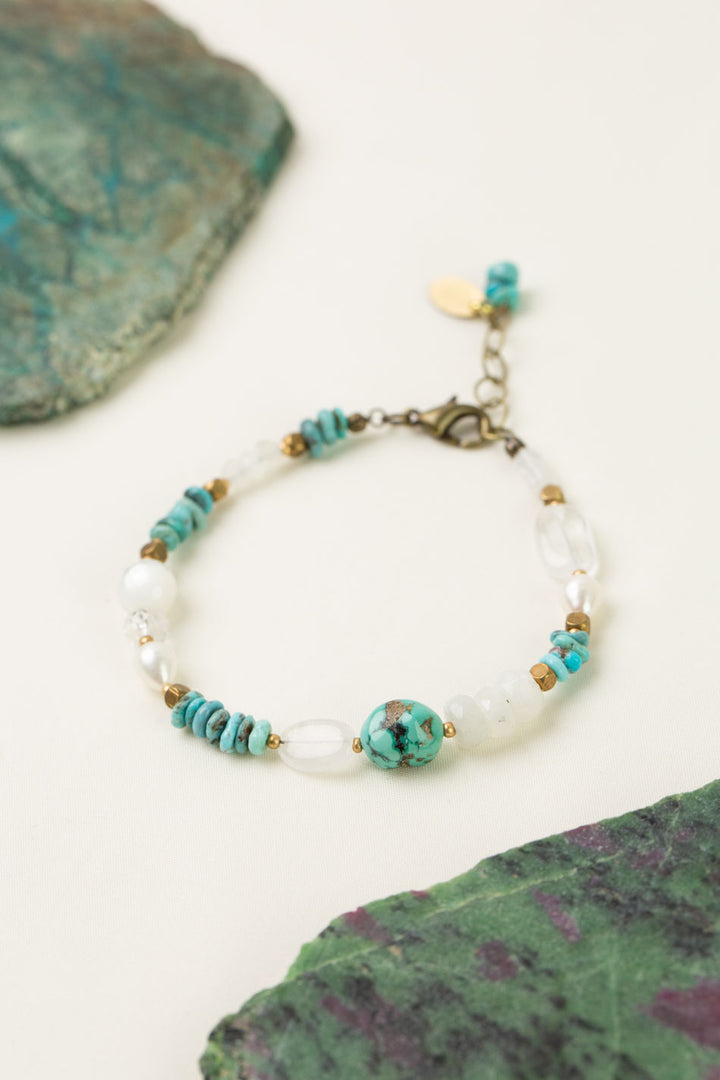 Transcend 7.5-8.5" Turquoise, Pearl, White Moonstone Simple Bracelet
