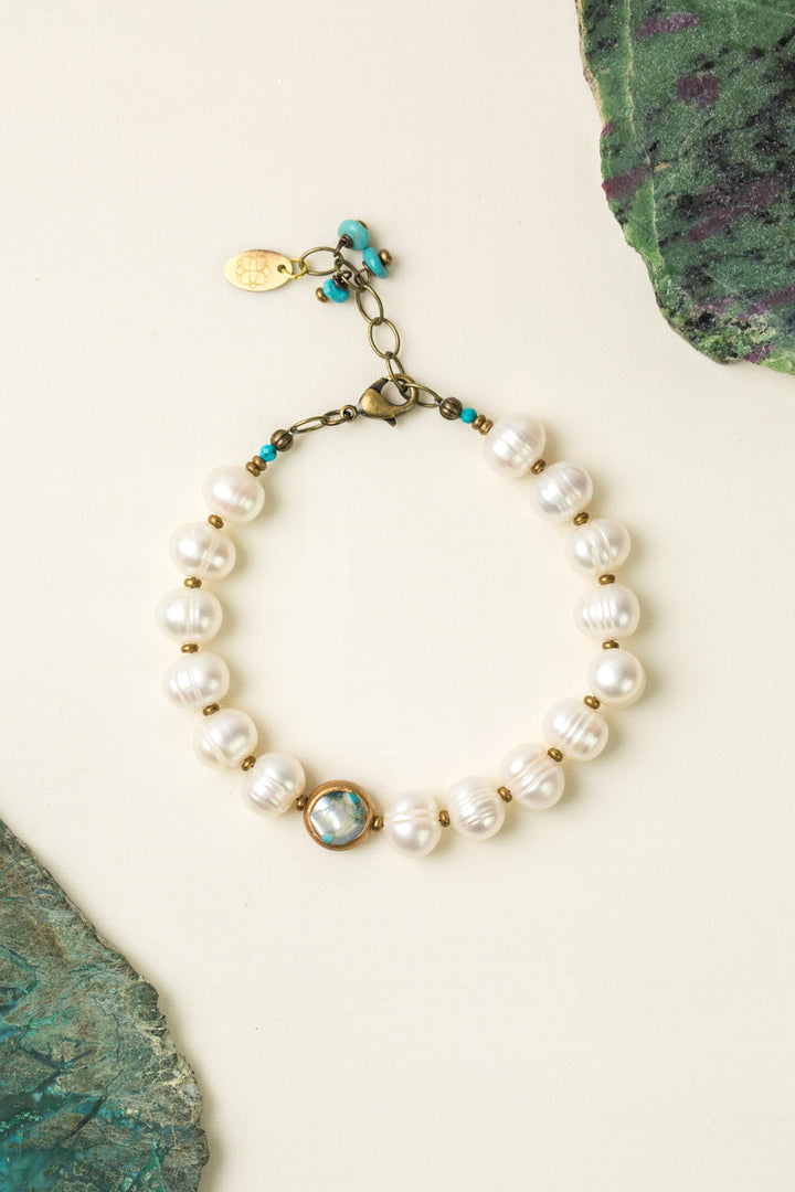 Transcend 7.5-8.5" Pearl, Turquoise Bezel Simple Bracelet