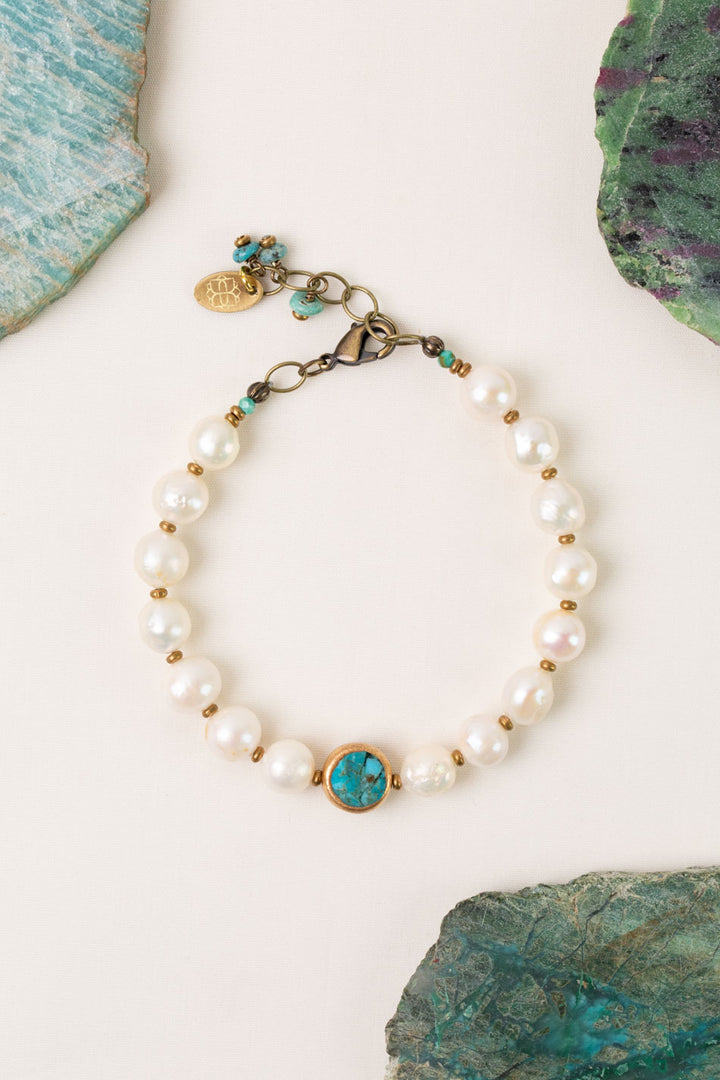 Transcend 7.5-8.5" Pearl, Turquoise Bezel Simple Bracelet