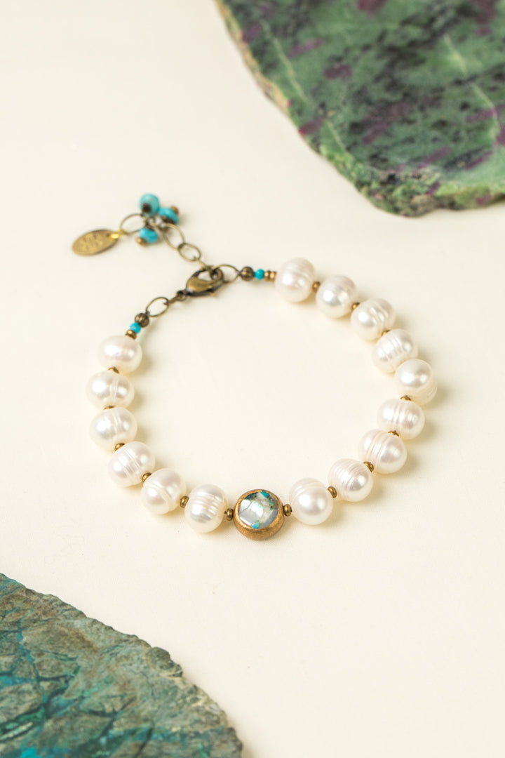 Transcend 7.5-8.5" Pearl, Turquoise Bezel Simple Bracelet