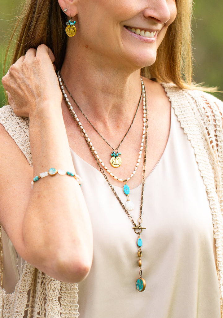 Transcend 16.5-18.5" Brass Lotus Pendant, Turquoise Chips Cluster Necklace