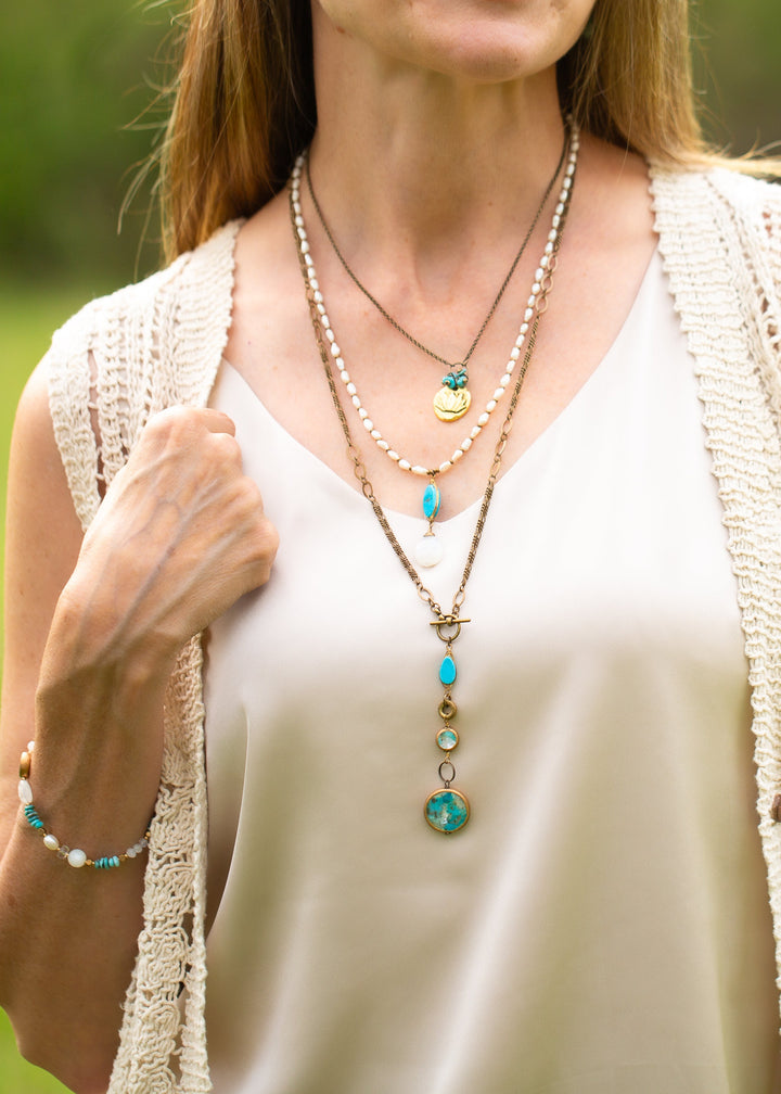 Transcend 20.5-22.5" Turquoise Herringbone, Moonstone Briolette, Freshwater Pearl Simple Necklace