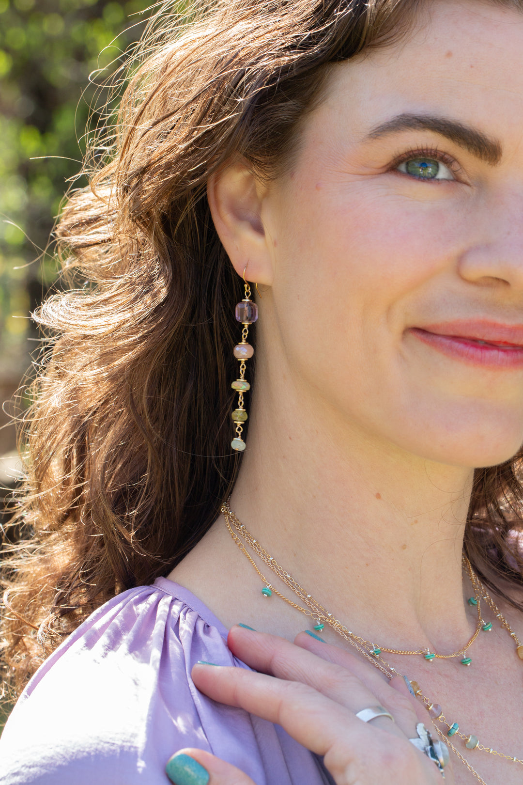 Treasure Peach Moonstone, Amethyst, Honey Opal Dangle Earrings