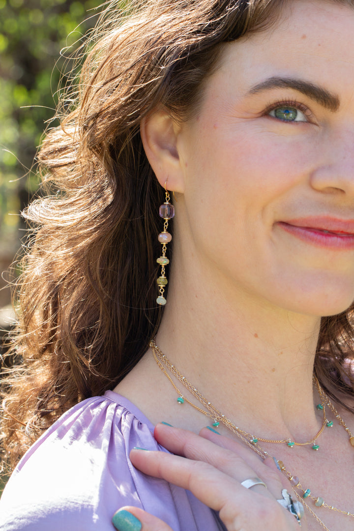 Treasure Peach Moonstone, Amethyst, Honey Opal Dangle Earrings