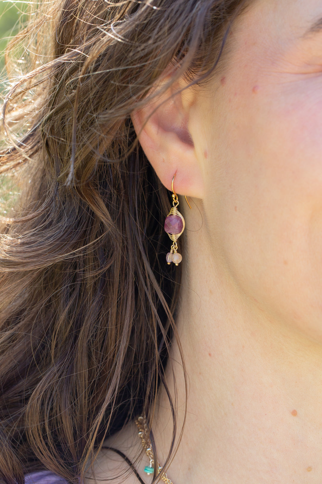 Treasure Amethyst, Aquamarine, Peach Moonstone with Ruby Herringbone Earrings