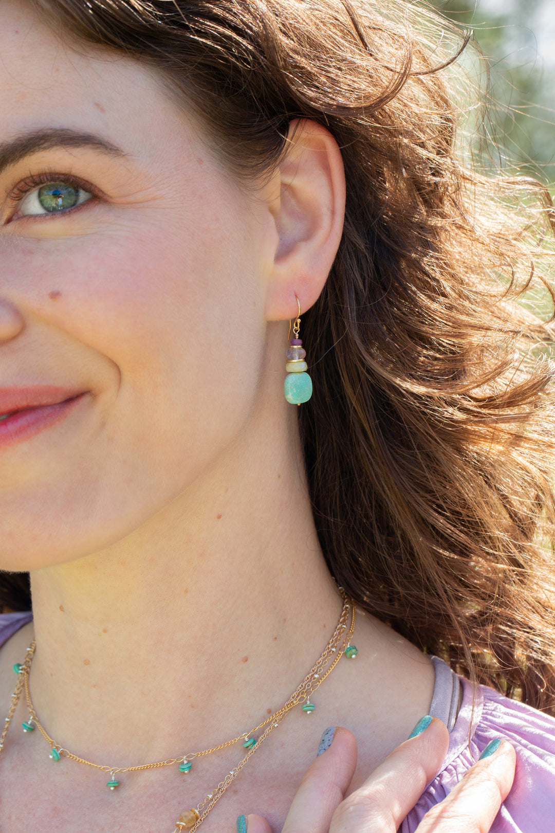 Treasure Honey Opal, Amethyst, Ruby with Turquoise Simple Earrings