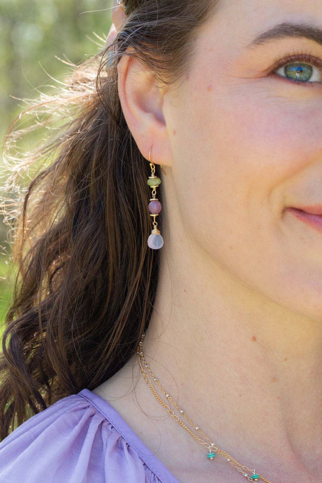 Treasure Ruby, Lavender Quartz, Gossular Garnet Dangle Earrings