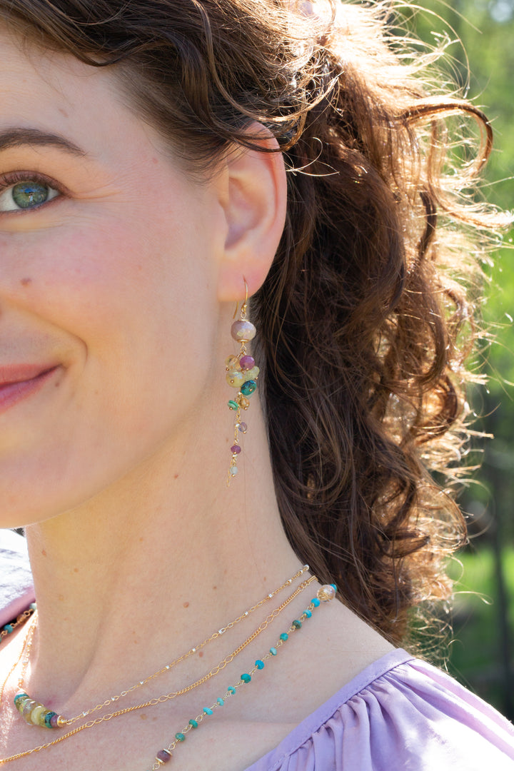 Treasure Ruby, Amethyst, Turquoise with Peach Moonstone Cluster Earrings