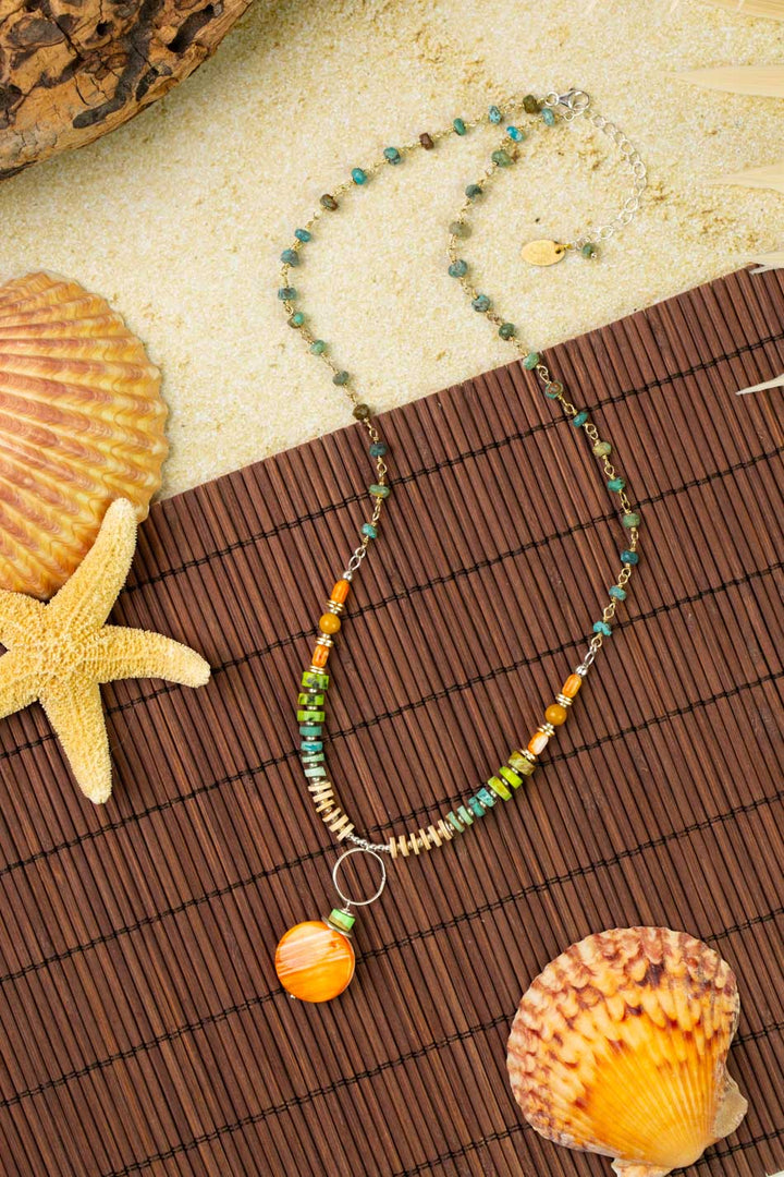 Tropical Dream 18.5-20.5" Turquoise, Shell With Spiny Oyster Collage Necklace