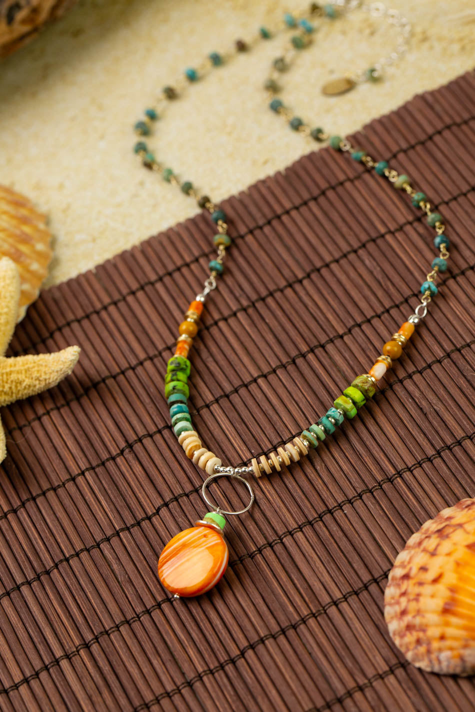 Tropical Dream 18.5-20.5" Turquoise, Shell With Spiny Oyster Collage Necklace