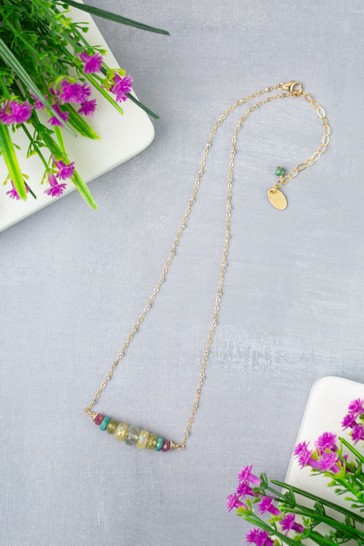 Treasure 15-17" Turquoise, Honey Opal, Ruby with Green Amethyst Simple Necklace