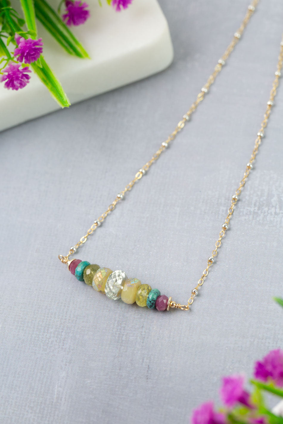 Treasure 15-17" Turquoise, Honey Opal, Ruby with Green Amethyst Simple Necklace