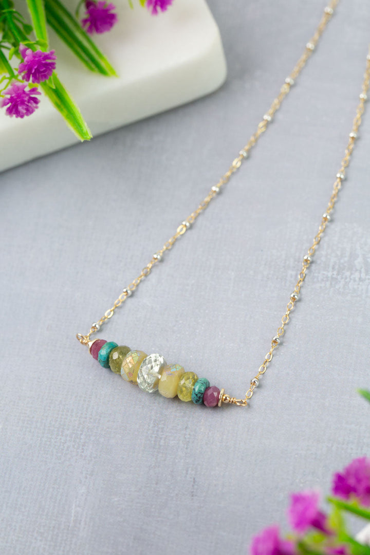 Treasure 15-17" Turquoise, Honey Opal, Ruby with Green Amethyst Simple Necklace