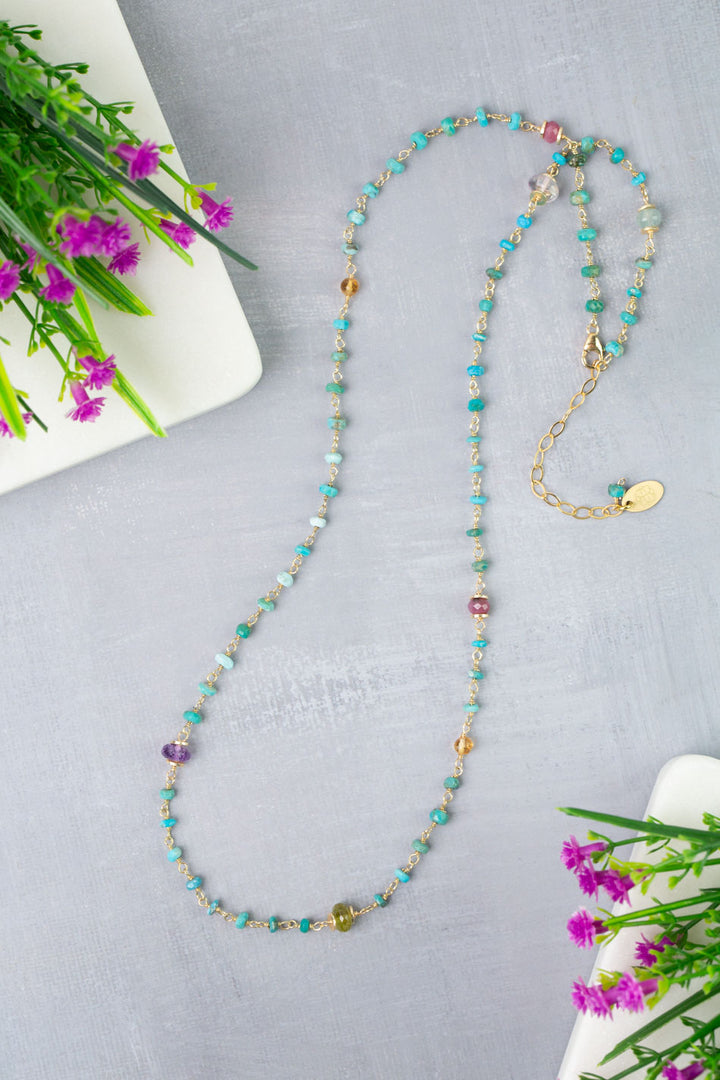 Treasure 22.5-24.5" Citrine, Ruby, Aquamarine with Turquoise Simple Necklace