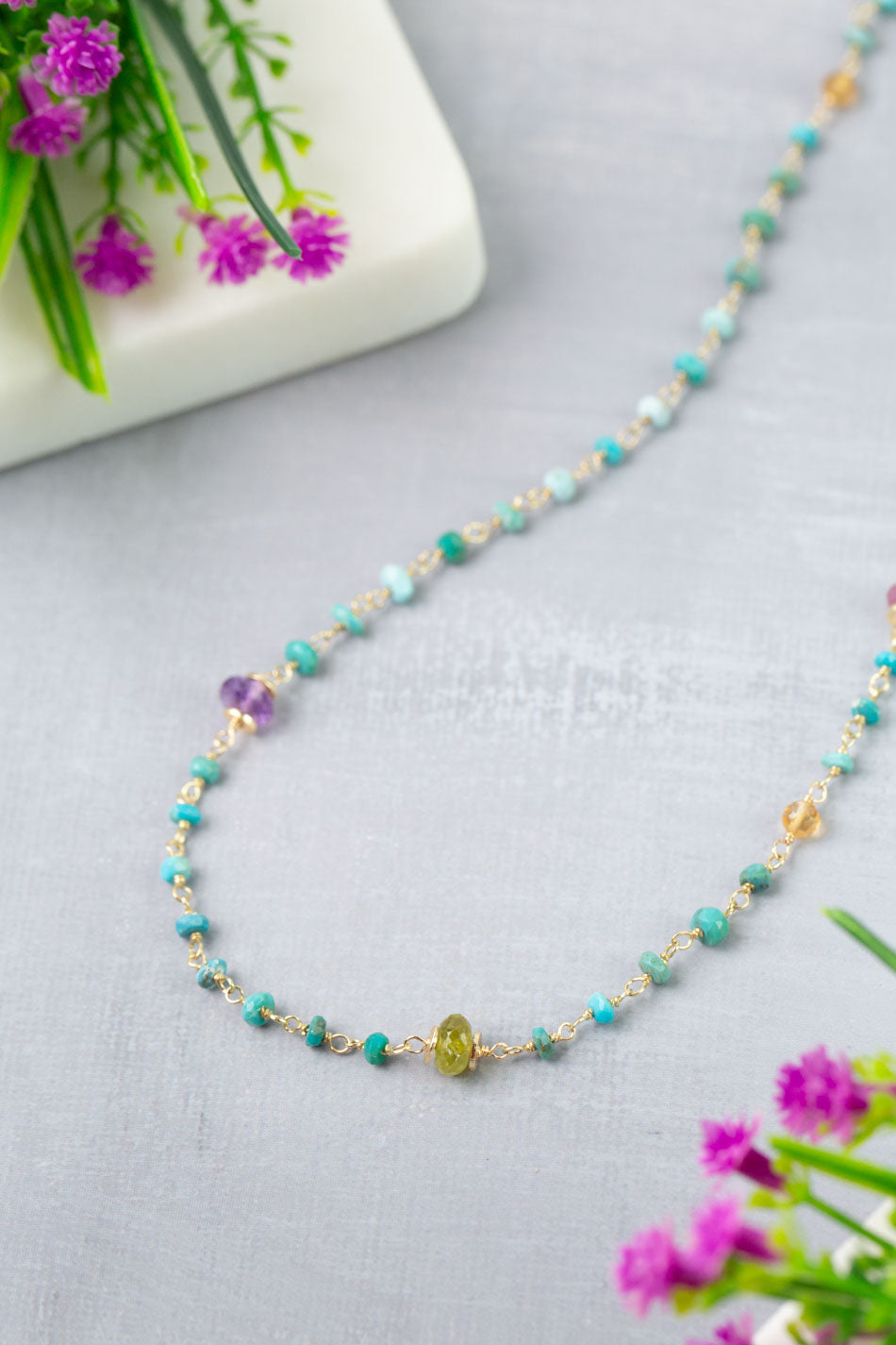 Treasure 22.5-24.5" Citrine, Ruby, Aquamarine with Turquoise Simple Necklace
