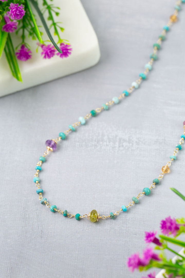 Treasure 22.5-24.5" Citrine, Ruby, Aquamarine with Turquoise Simple Necklace