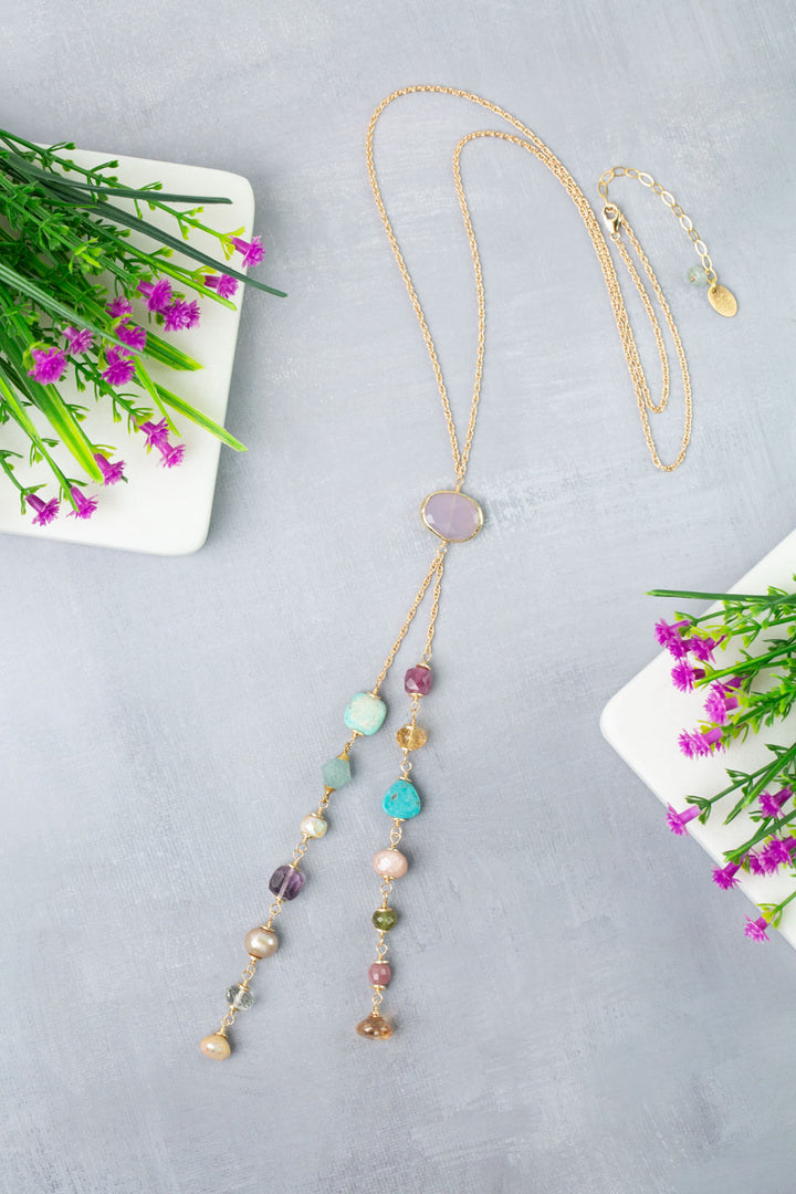 Treasure 23-25" Aquamarine, Ruby, Citrine with Purple Chalcedony Statement Necklace