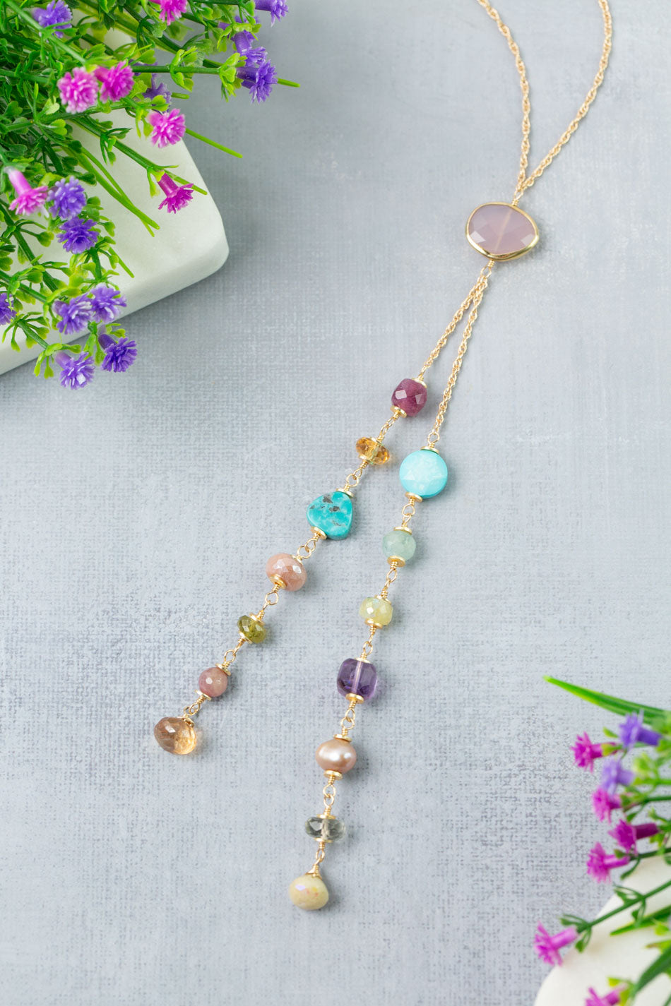 Treasure 23-25" Aquamarine, Ruby, Citrine with Purple Chalcedony Statement Necklace