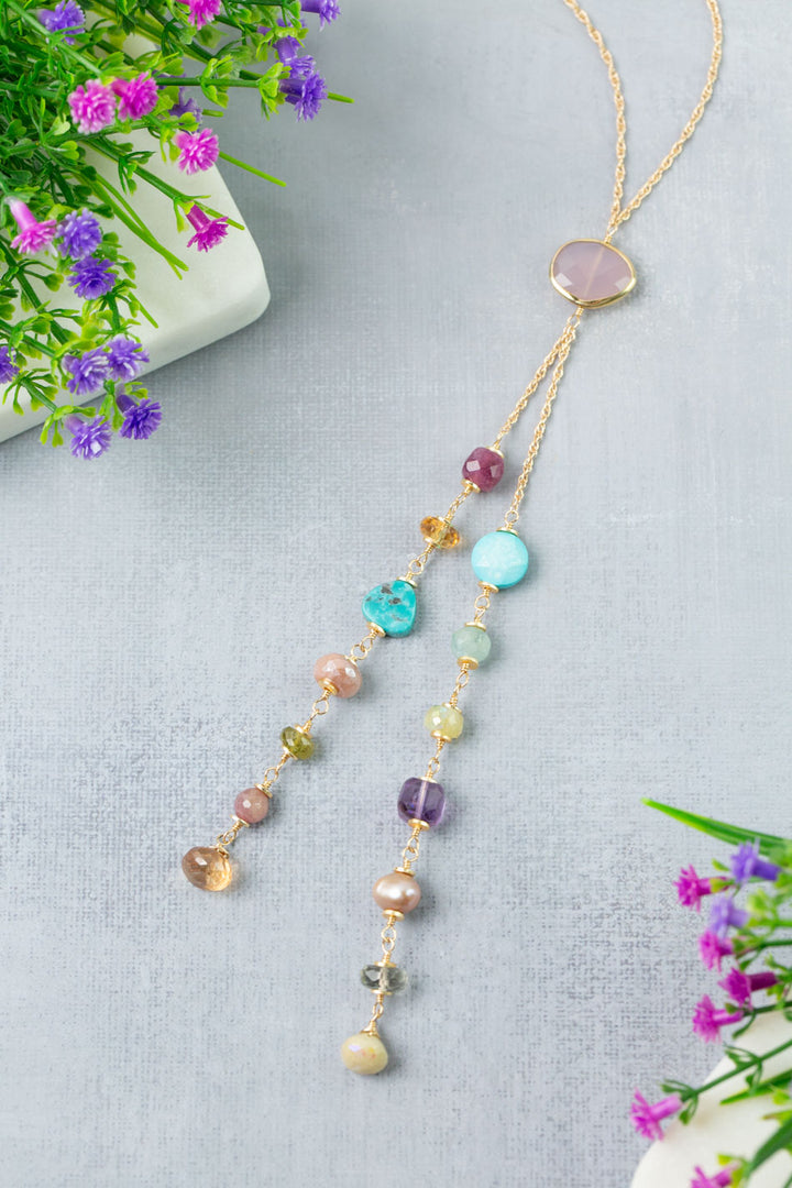 Treasure 23-25" Aquamarine, Ruby, Citrine with Purple Chalcedony Statement Necklace