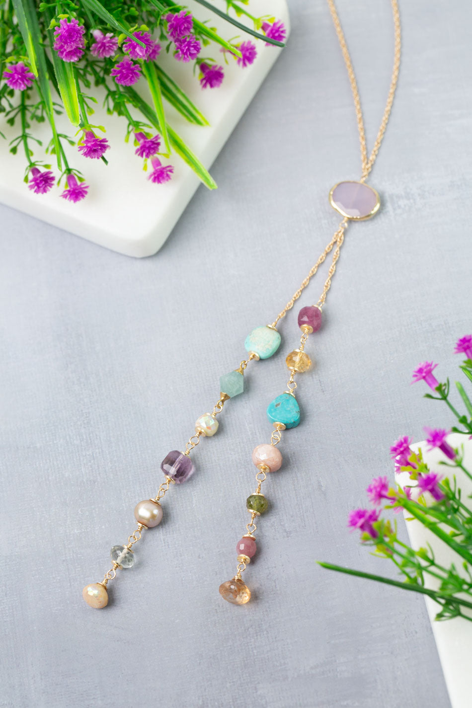Treasure 23-25" Aquamarine, Ruby, Citrine with Purple Chalcedony Statement Necklace