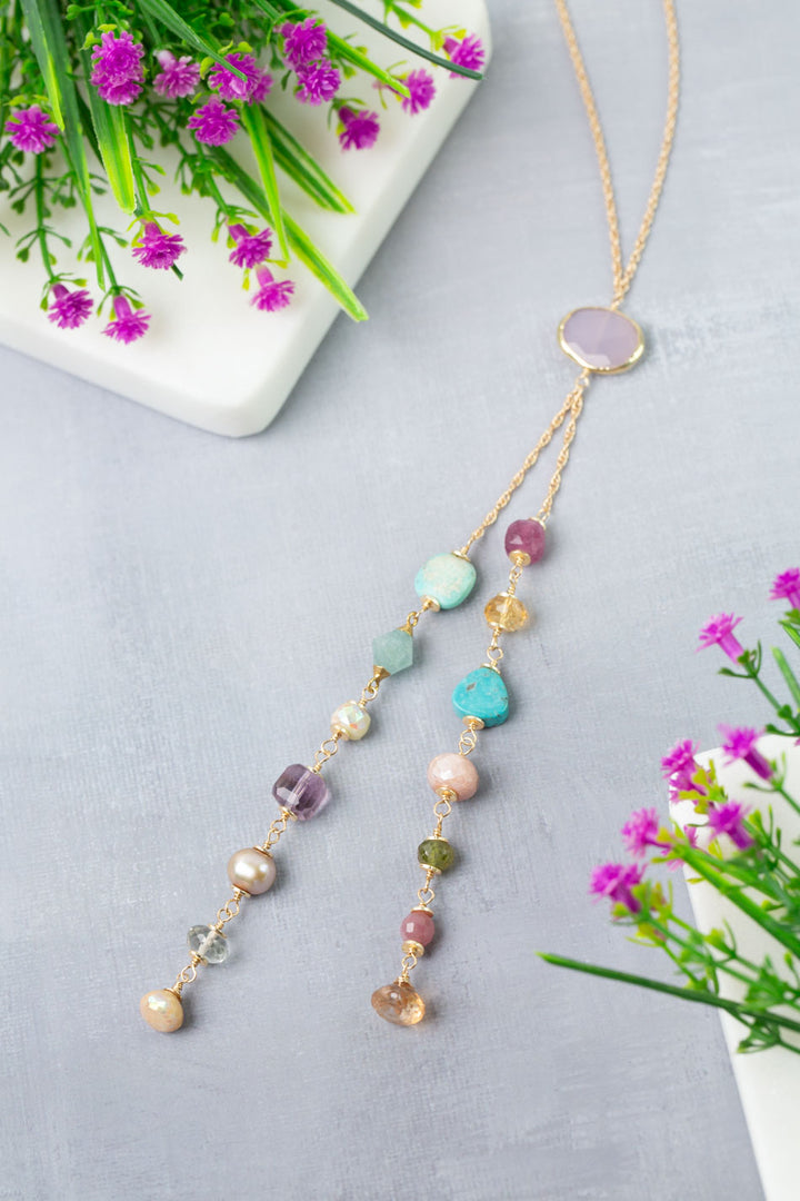 Treasure 23-25" Aquamarine, Ruby, Citrine with Purple Chalcedony Statement Necklace