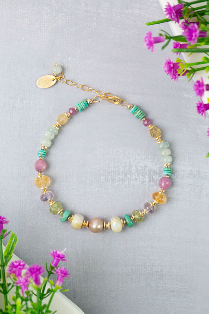 Treasure 7.5-8.5" Turquoise, Honey Opal, Citrine with Pearl Collage Bracelet
