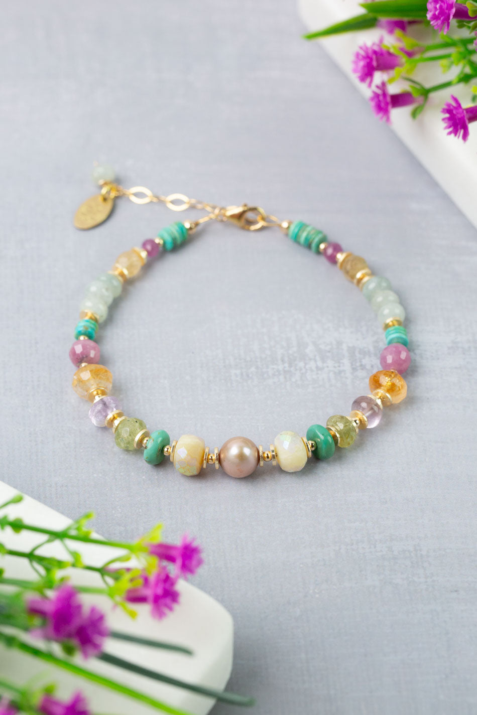 Treasure 7.5-8.5" Turquoise, Honey Opal, Citrine with Pearl Collage Bracelet