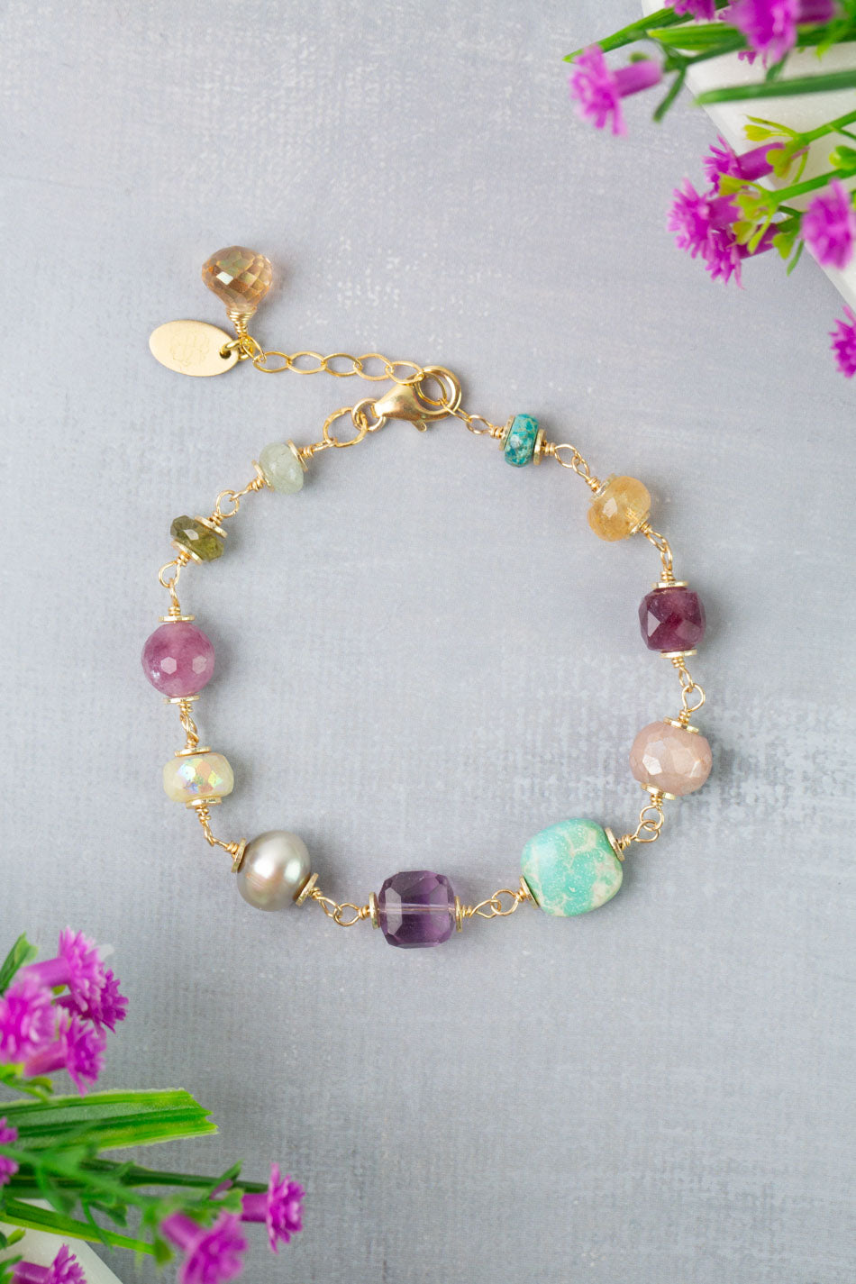 Treasure 7.5-8.5" Turquoise, Honey Opal, Citrine Collage Bracelet