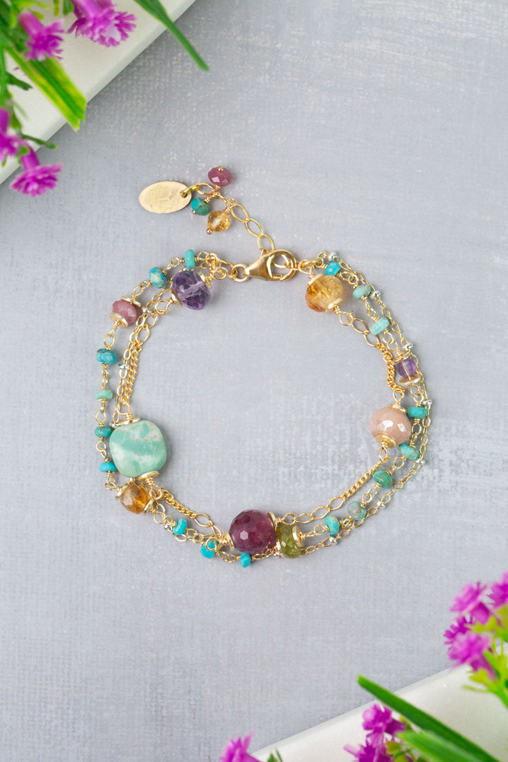 Treasure 7.5-8.5" Turquoise, Amethyst, Ruby Multistrand Bracelet
