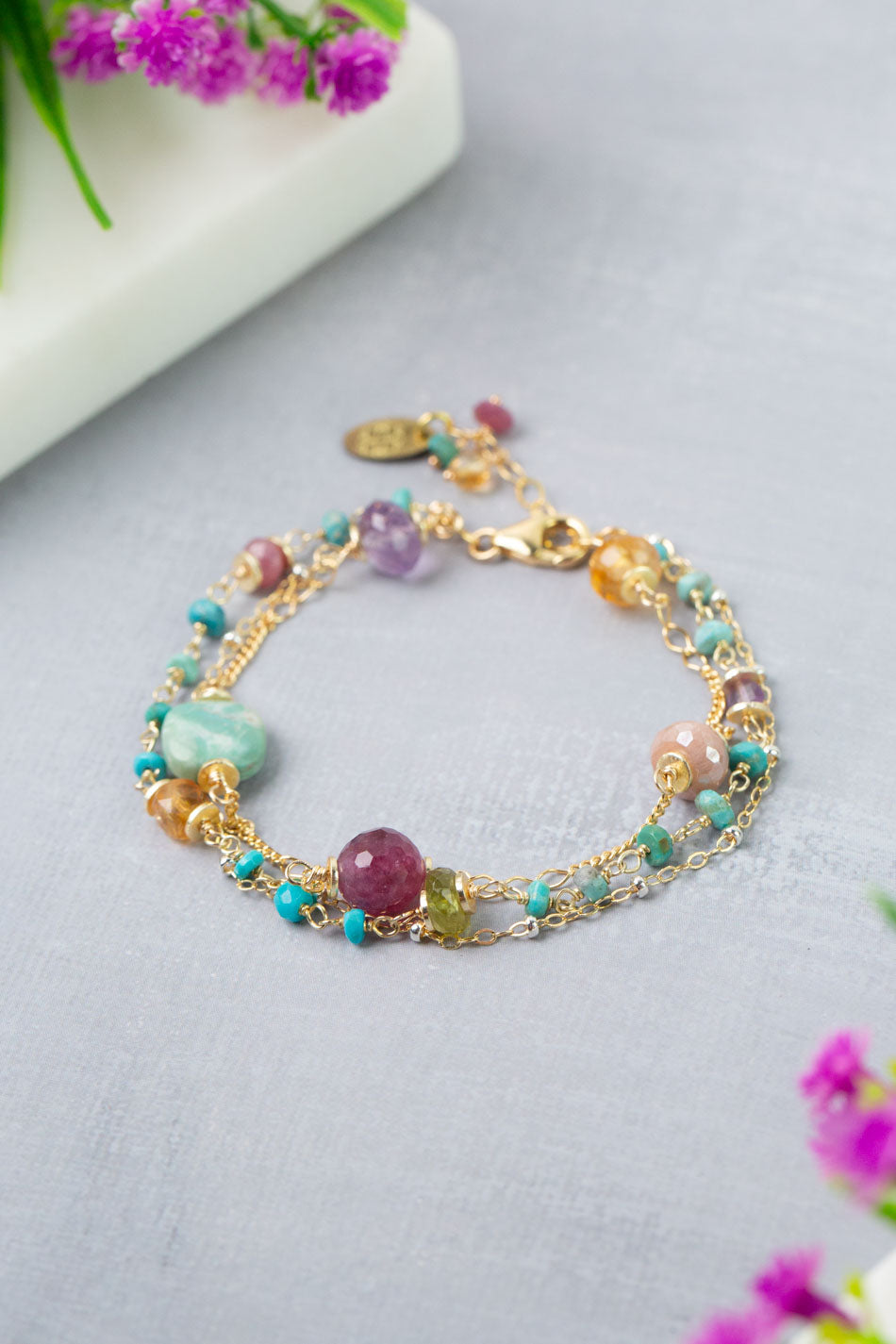 Treasure 7.5-8.5" Turquoise, Amethyst, Ruby Multistrand Bracelet