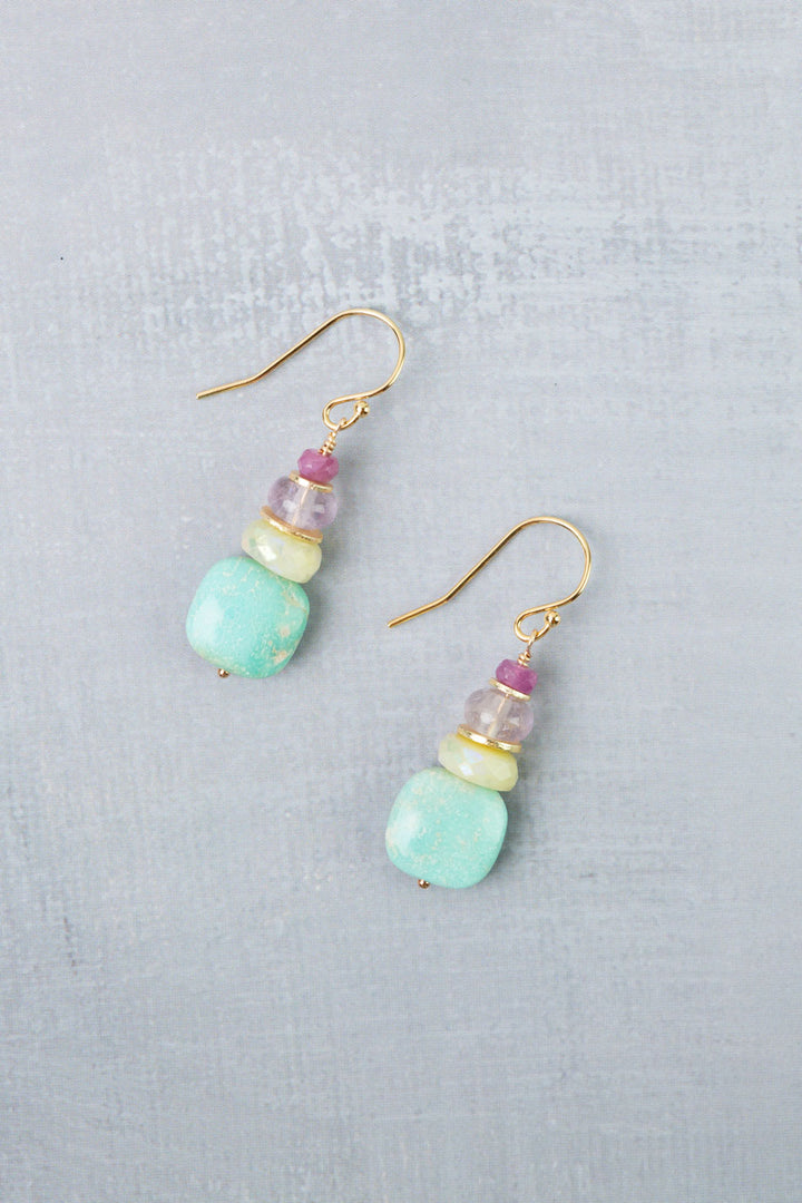 Treasure Honey Opal, Amethyst, Ruby with Turquoise Simple Earrings