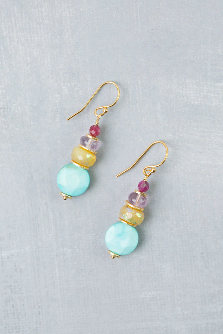 Treasure Honey Opal, Amethyst, Ruby with Turquoise Simple Earrings