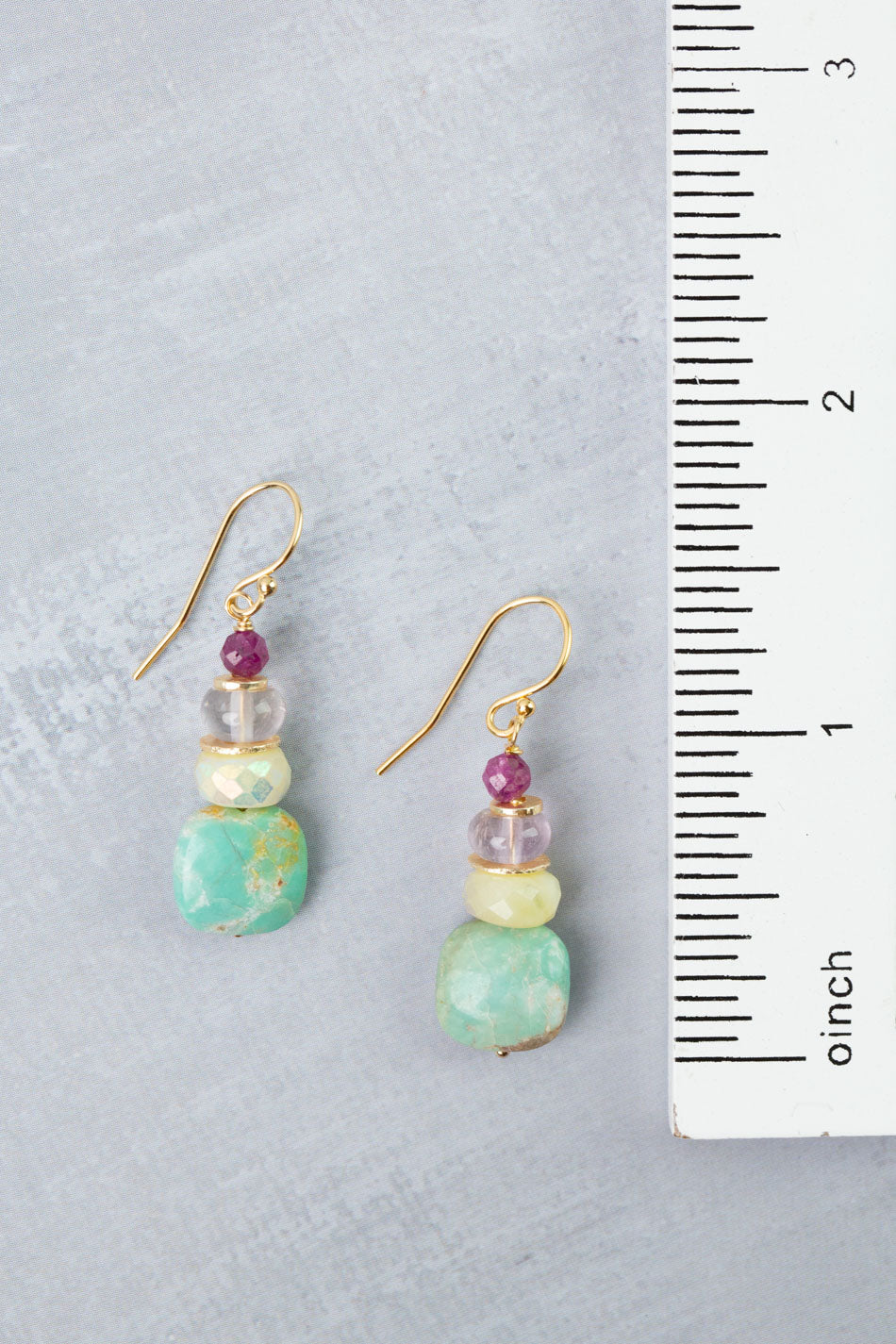 Treasure Honey Opal, Amethyst, Ruby with Turquoise Simple Earrings